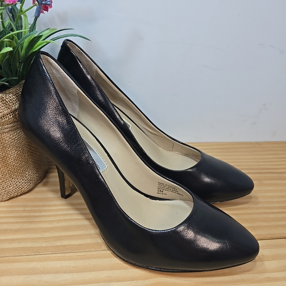 INC Womens Black Leather Slip On Heels Shoes